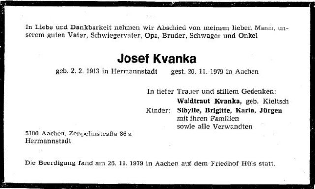 Kvanka Josef 1913-1979 Todesanzeige